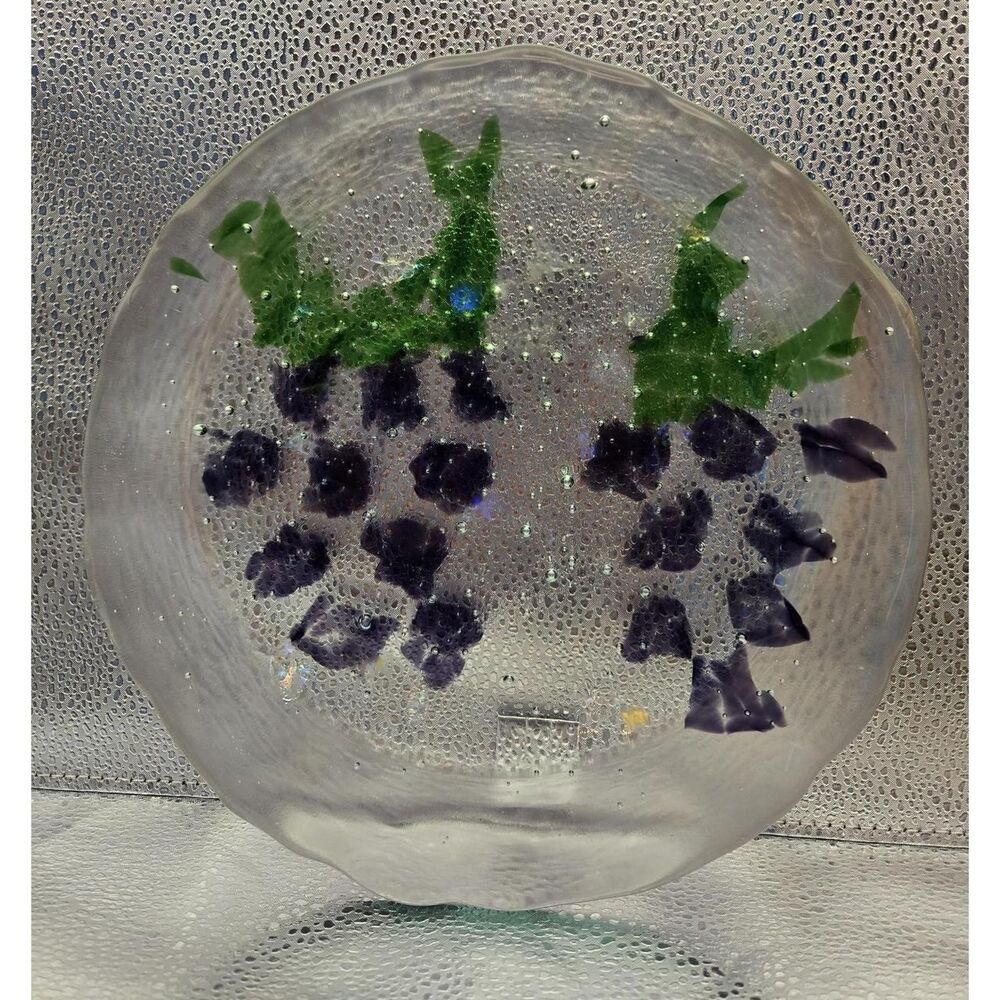 Art Glass Plate, Infused Purple Morning Glory Flowers And Leaves‎ 9.75"